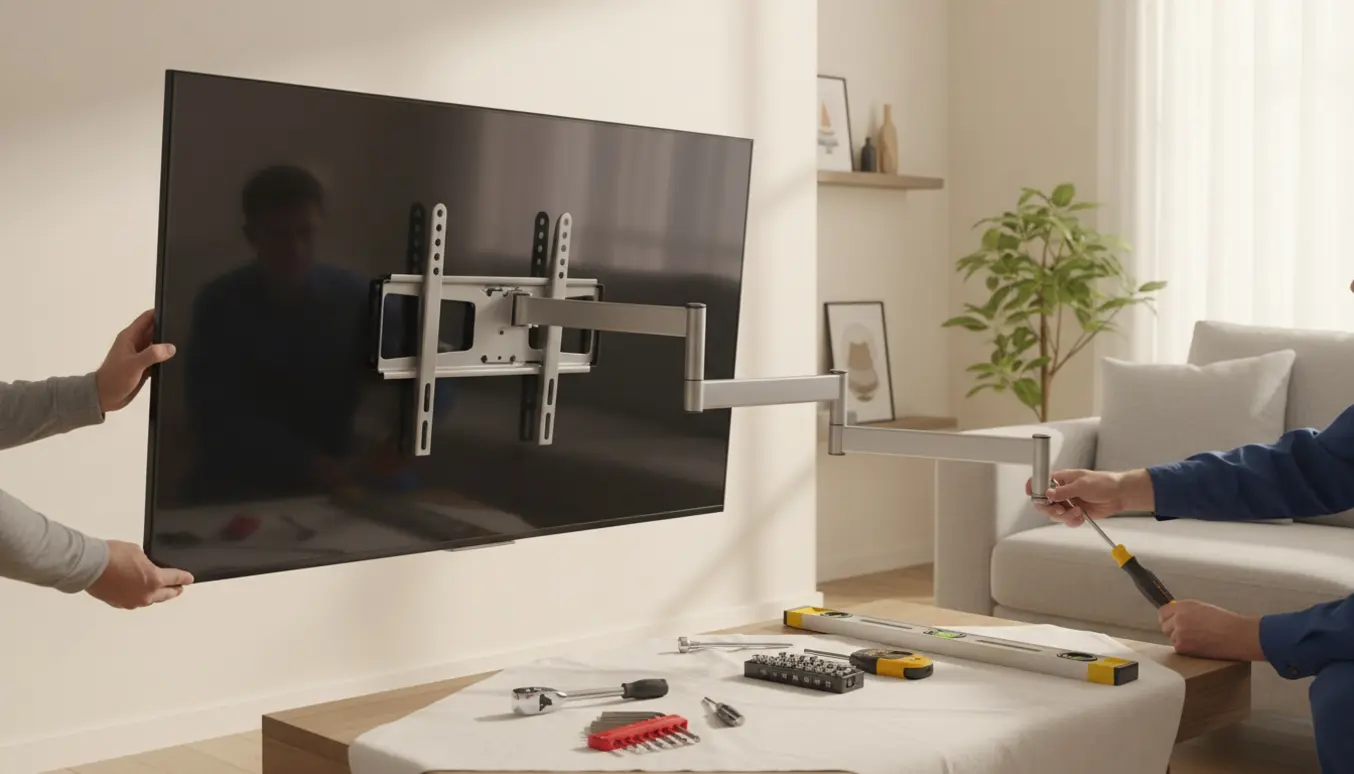 Nærbillede af en fladskærm på en løs vægarm, hvor hænder strammer beslag med værktøj i forgrunden.