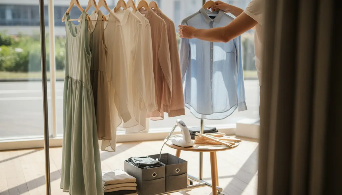 Hænder hænger tøj på bøjler på et rullebøjlestativ i et lyst pop-up-lokale.