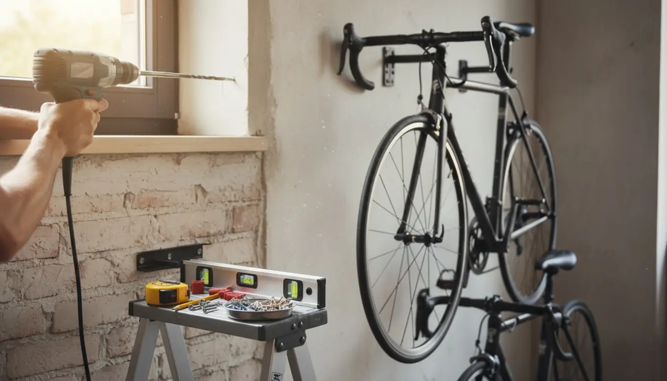 Håndværker borer i en murstensvæg for at montere en gardinstang med to racercykler hængende på vægophæng ved siden af.