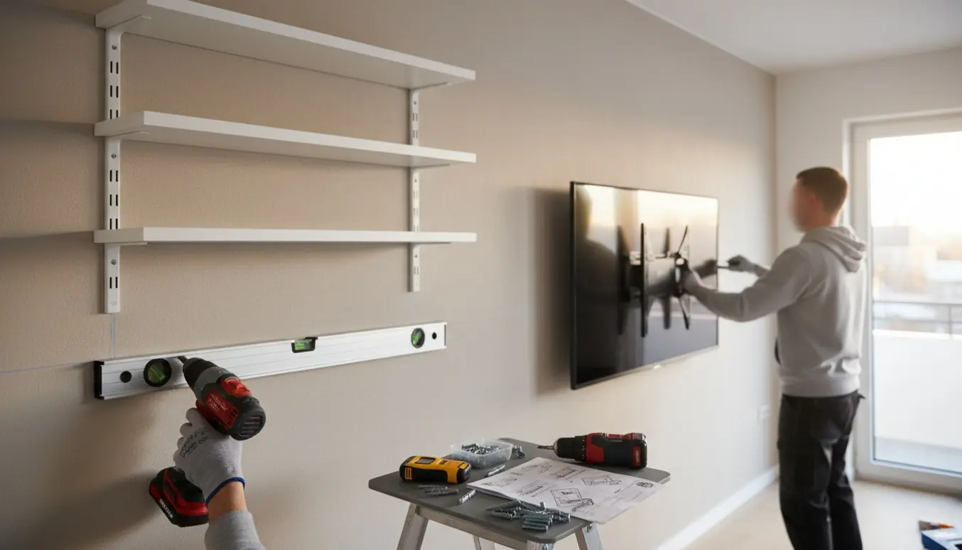 En monterer hylder tæt under loftet og fastgør et TV på en gipsvæg med værktøj i forgrunden.