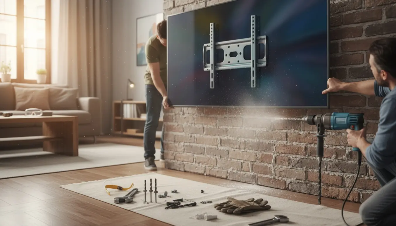 Hænder monterer et stort fladskærms-tv på et fast vægbeslag i en murstensvæg med slagboremaskine og værktøj i forgrunden.