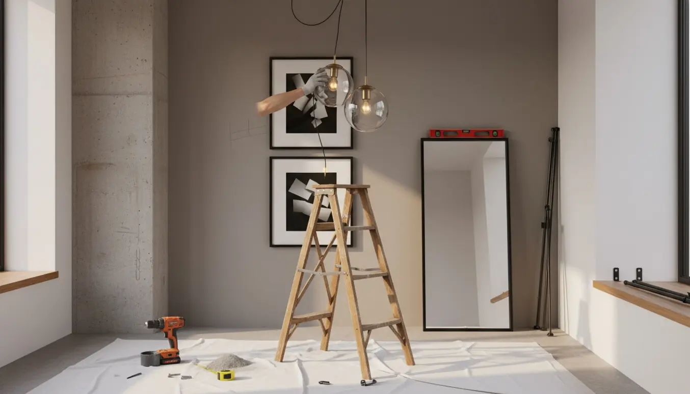 Person monterer loftslampe og ophænger billeder, spejl og gardinstang på gips- og betonvæg med værktøj.