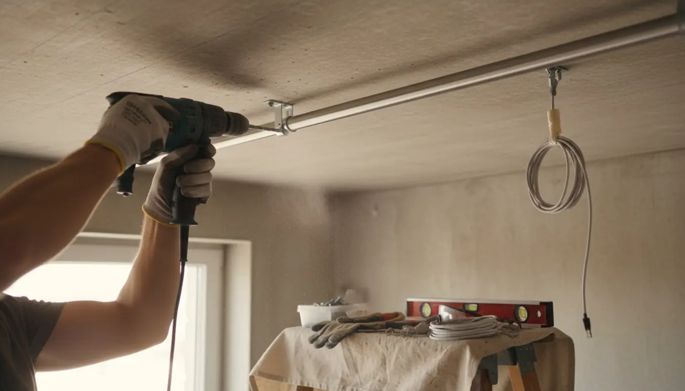 Hænder monterer en gardinskinne i et betonloft med en slagboremaskine, mens en loftlampe er midlertidigt flyttet.