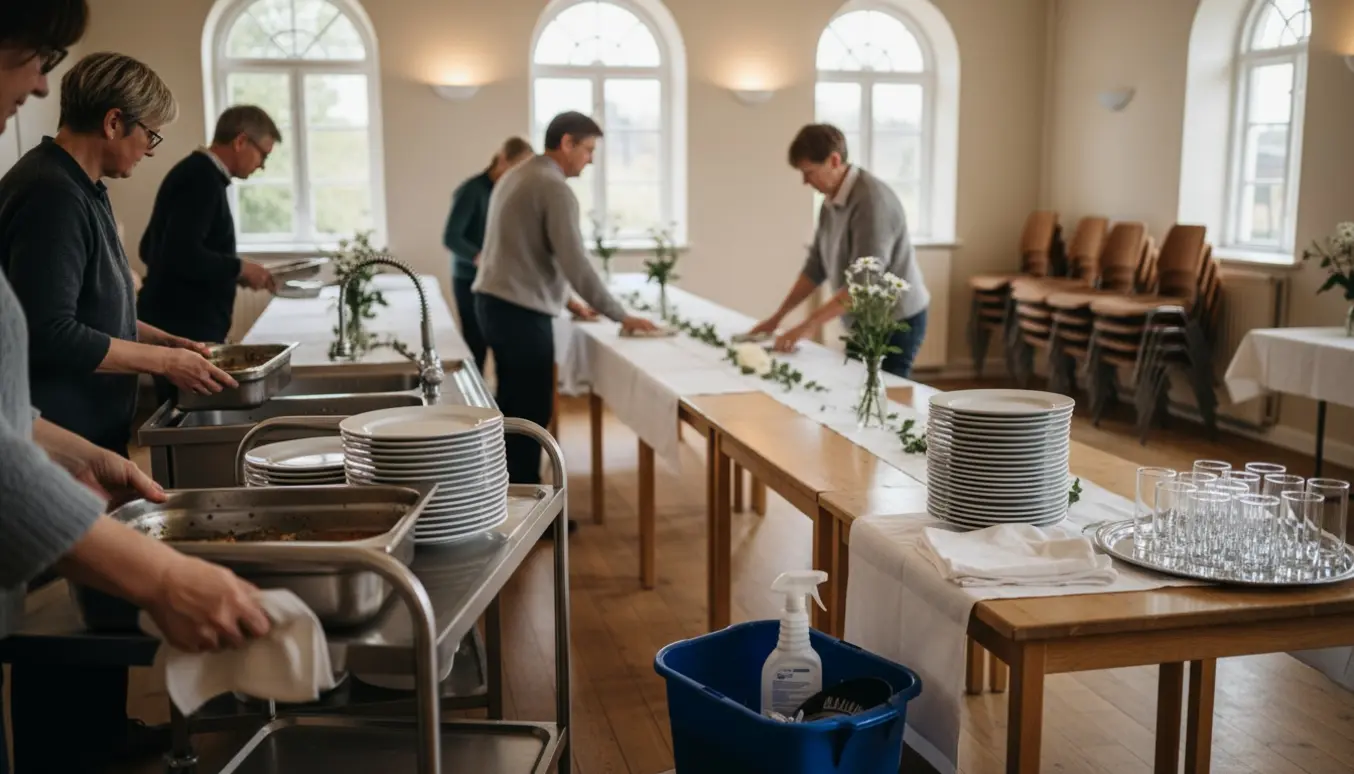 Frivillige rydder op og vasker op efter fødselsdag i et hyggeligt forsamlingshus.
