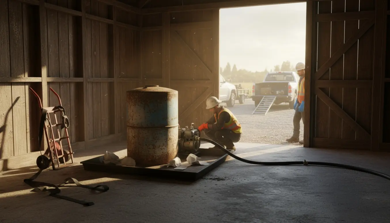 Mellemstor olietank i skur ved åben dør klar til tømming og bortkørsel med pumpe og trailer udenfor.