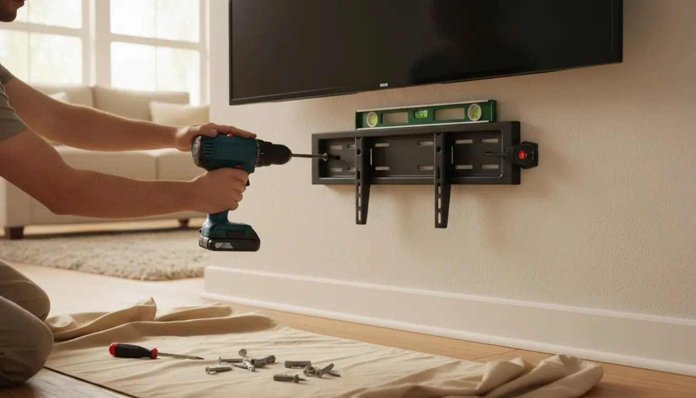En person monterer en fladskærm på en gipsvæg med beslag og værktøj uden brug af slagboremaskine.