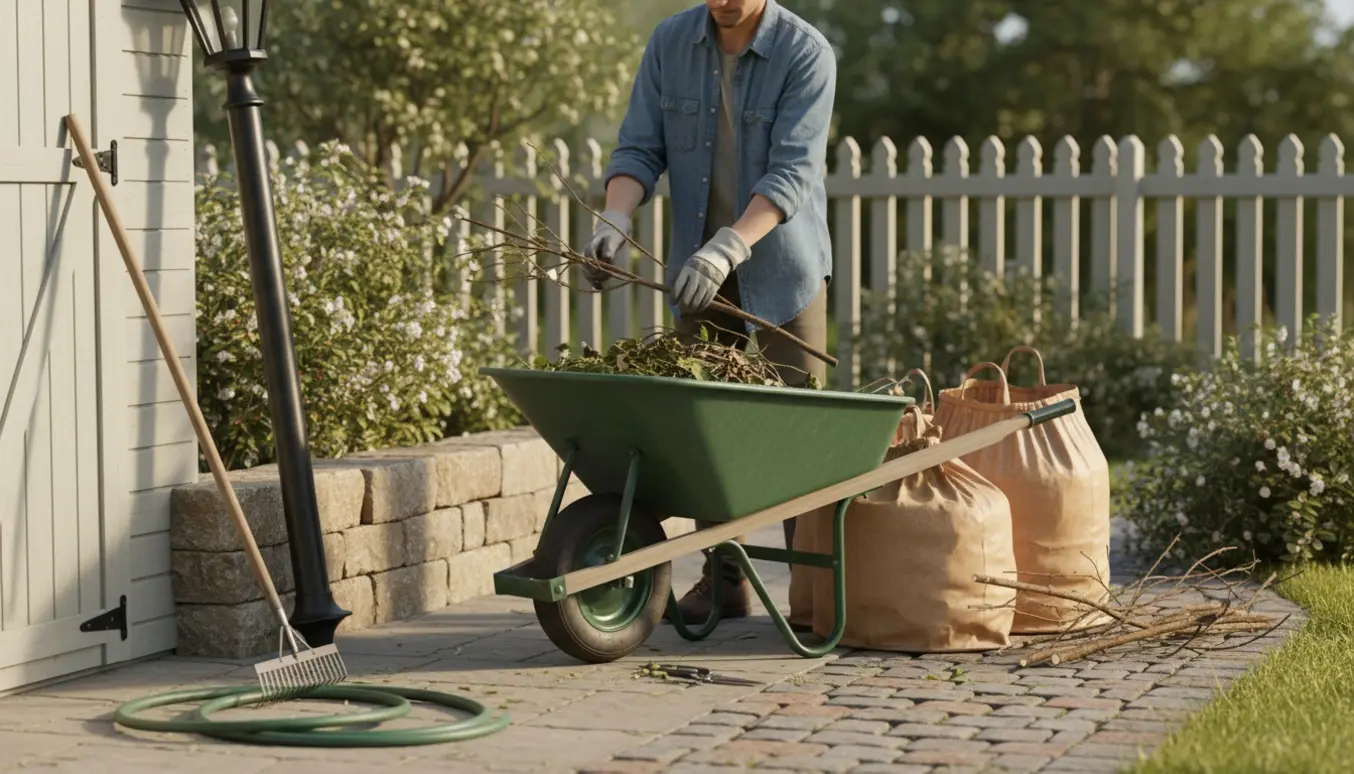 Solbelyst have med trillebør fyldt med haveaffald, bunker af beskårne grene og en stor udendørslampe klar til afhentning.