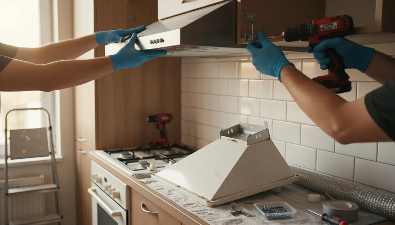 Installering af en indbygget emhætte over komfuret med værktøj og hænder i fokus.