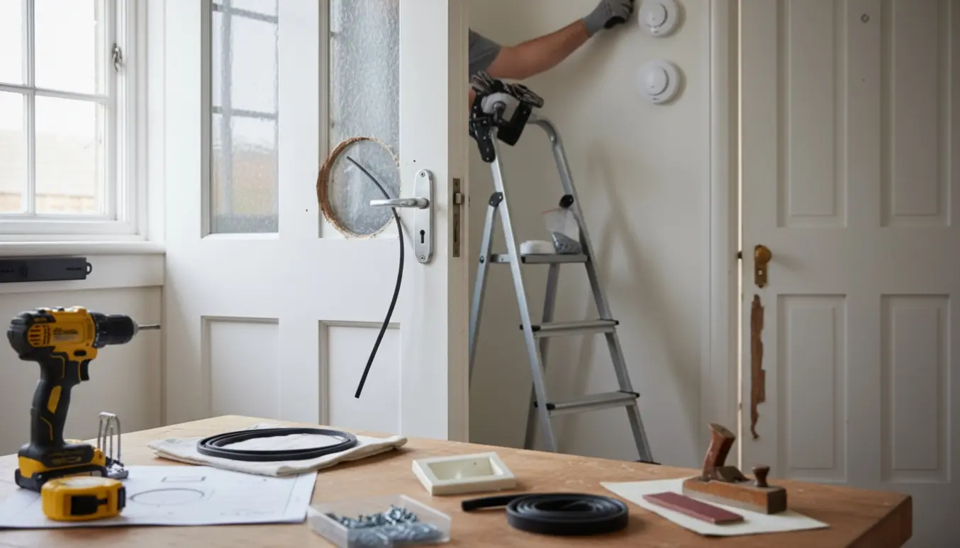 Håndværker monterer kattelem i trædør med værktøj, dørtætning, ventilationslem og røgalarmer i nærheden.