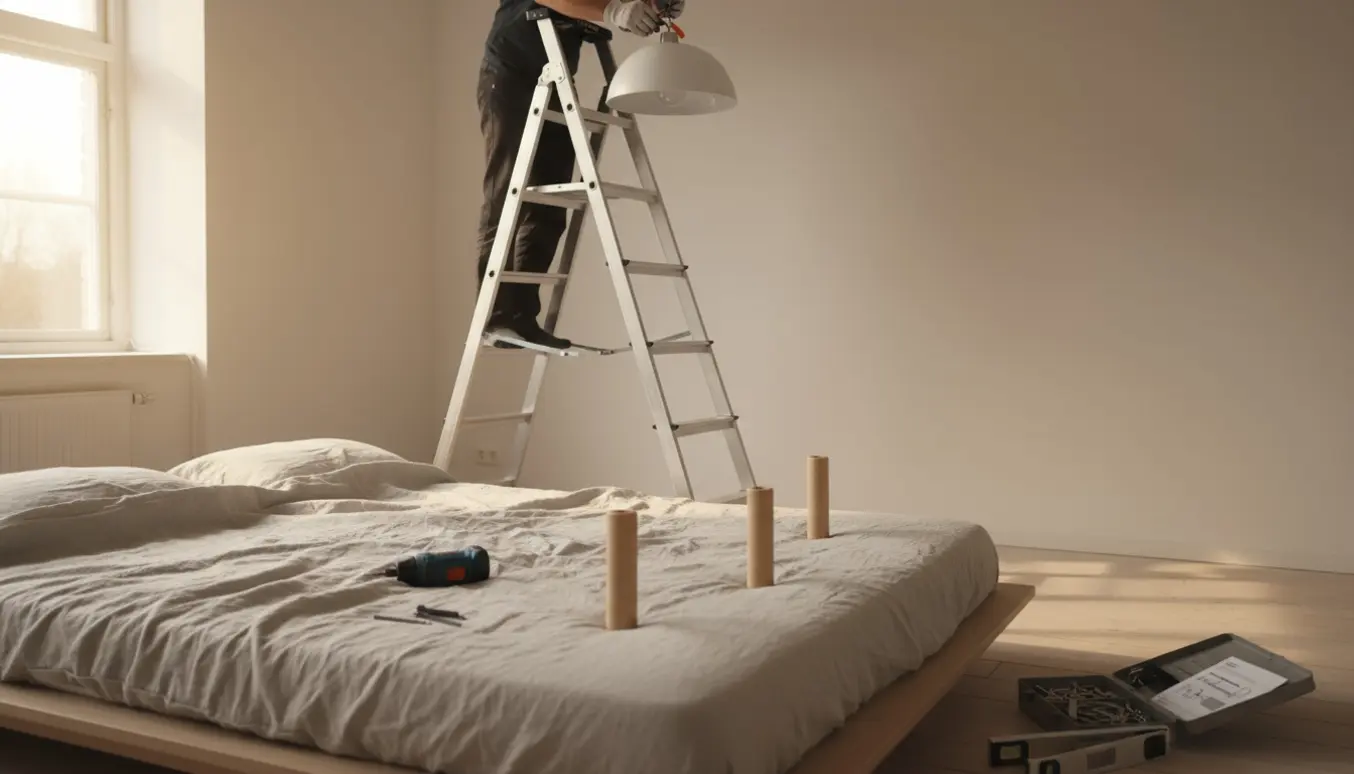 Høj stige med hænder, der monterer en loftlampe, mens fire sengeben og værktøj ligger klar ved siden af sengen.