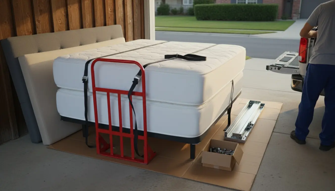 Afmonterede bokssenge med gavle og madrasser stablet i en carport klar til afhentning.