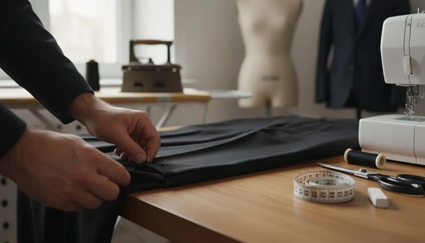 Hænder sætter nåle og måler for at lægge et par sorte habitbukser op på et skrædderbord.