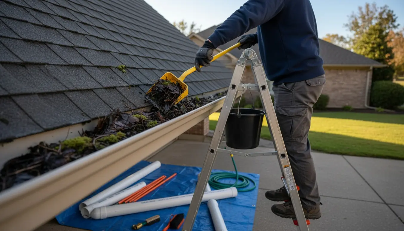 Person på stige renser tagrende med skovl og spand, og et åbent nedløbsrør viser tilstoppet mudder.