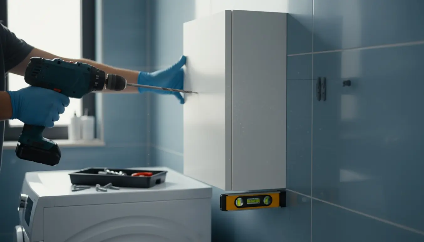 Hænger et skab og et billede op over en vaskemaskine, mens der bores i flisefugerne.