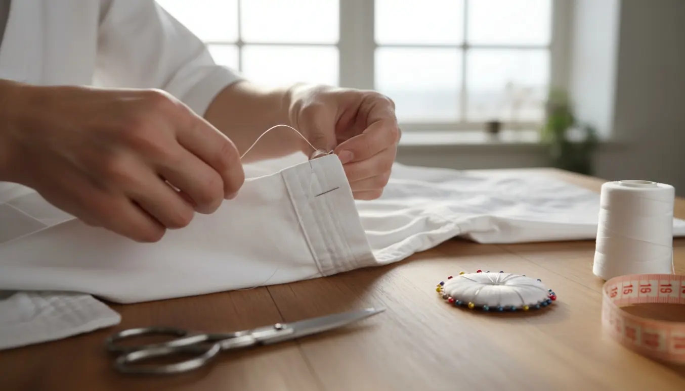 Nærbillede af hænder, der korter ærmer og bukseben på en hvid børnekaratedragt ved et solrigt sybord.