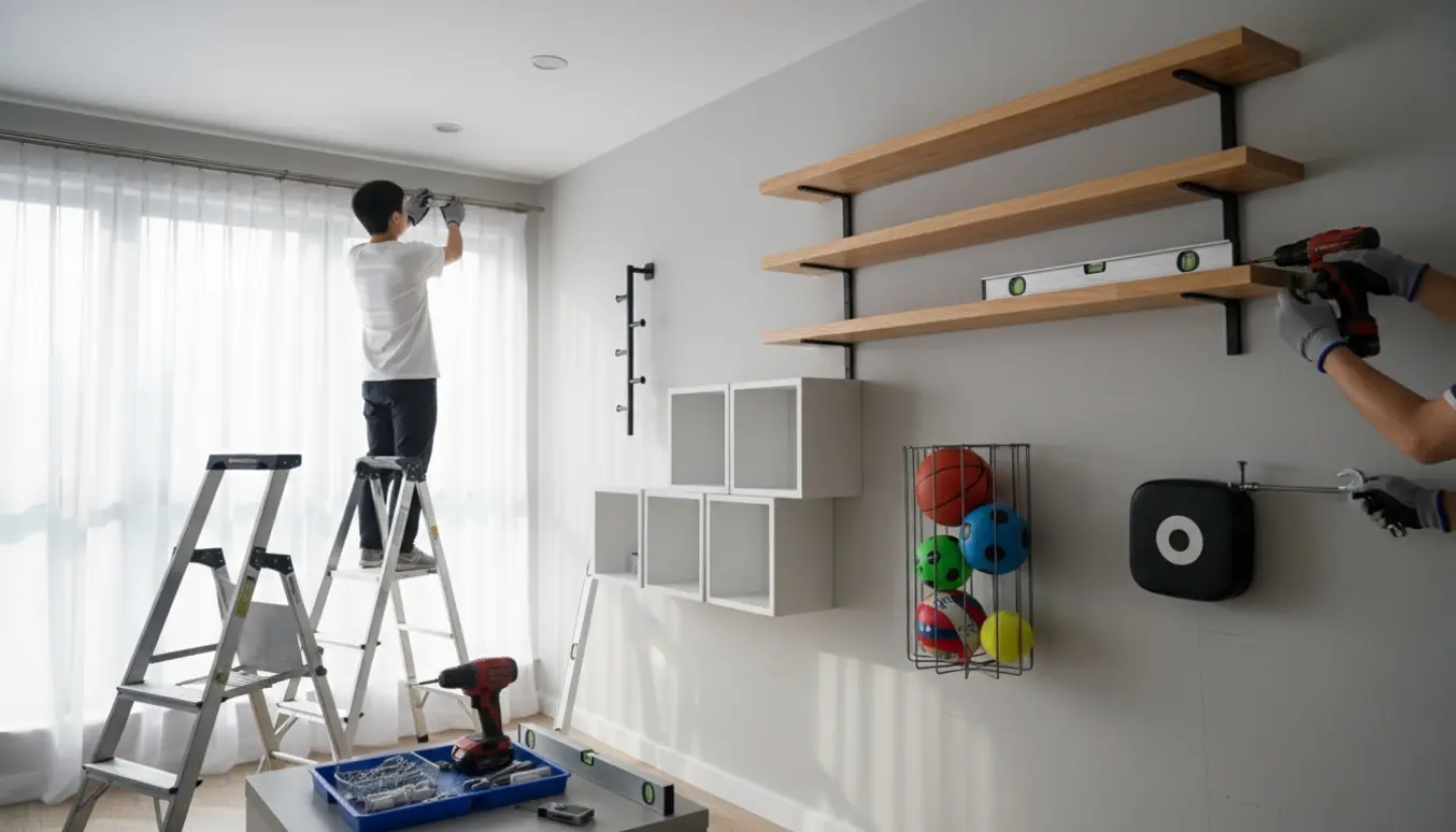 Nærbillede af en stuevæg hvor hylder, vægopbevaring, en boldkurv og en gardinstang monteres med stige og værktøj.