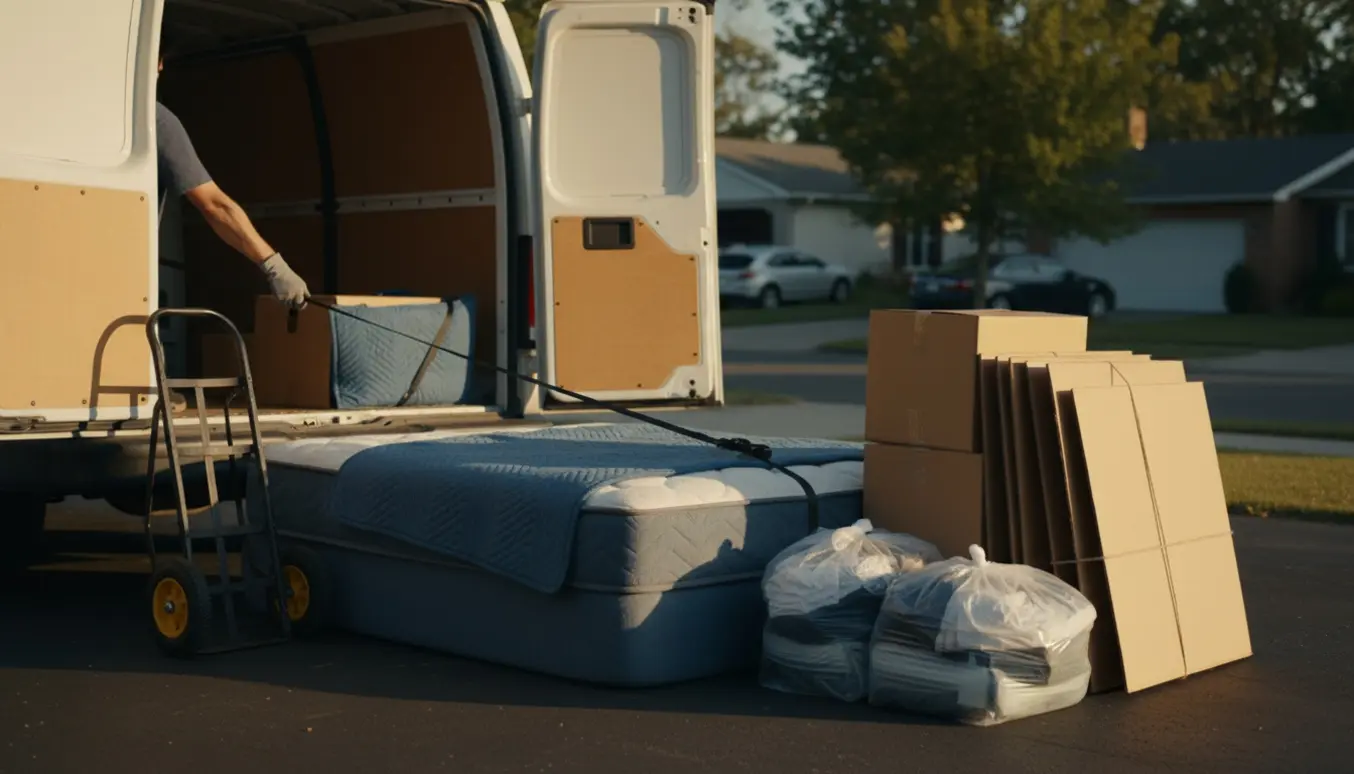 Stor dobbelmadras og bundter af pap og plastik ved en åben varevogn klar til aflevering på genbrugsstationen.