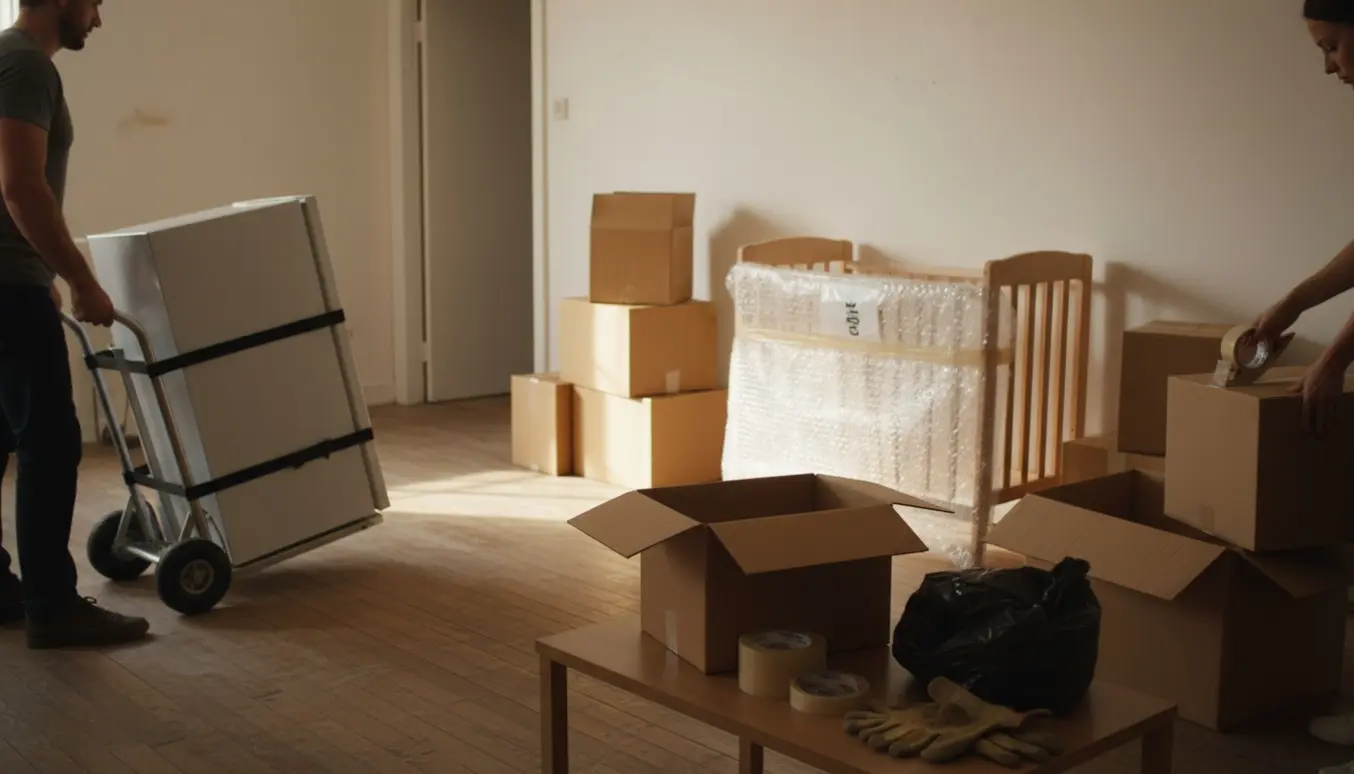 Lille soloplyst lejlighed nærmest tømt med flyttekasser, en adskilt tremmeseng og et køleskab klar til flytning.