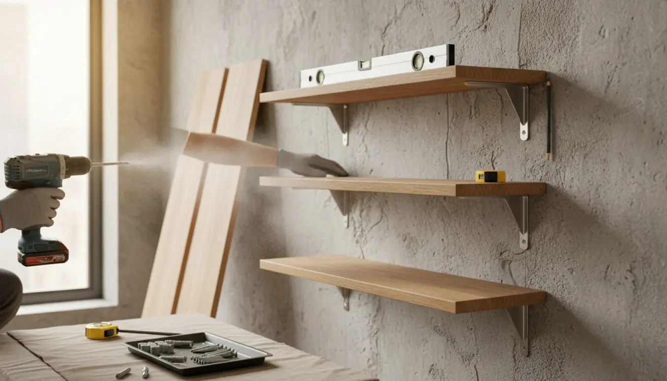 Tre træhylder monteres på en betonvæg med boremaskine, rawlplugs og skruer.