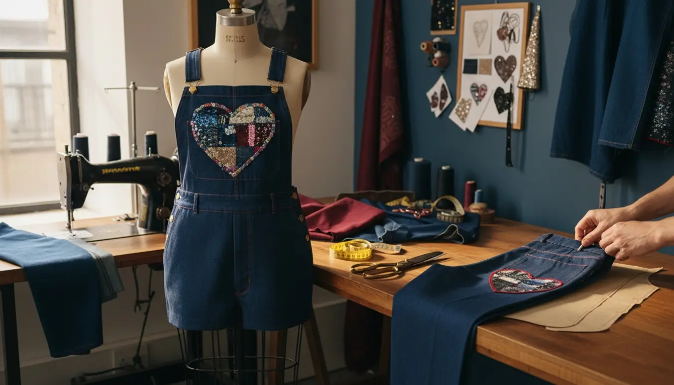 Syerske tilpasser hjertetryk på kraftige, specialfremstillede bukser/overalls i et lyst syatelier.