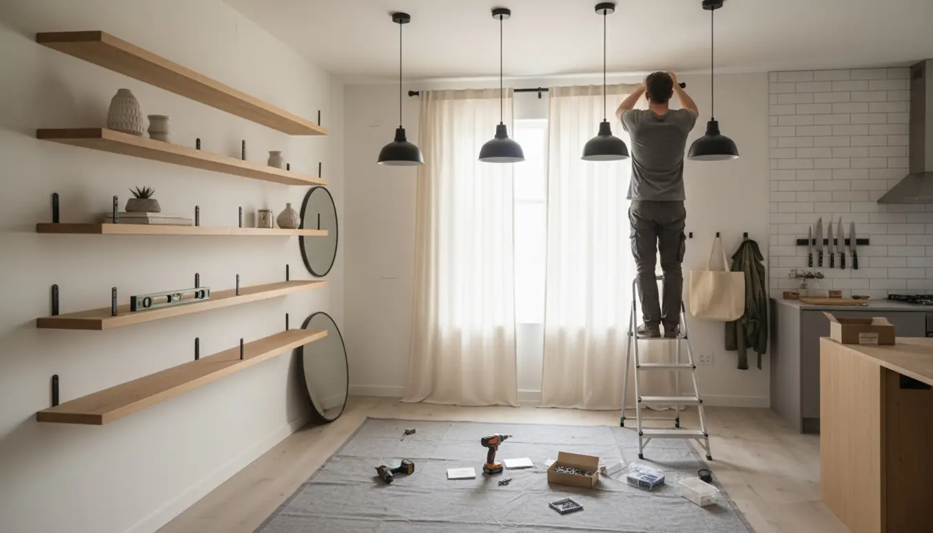 Moderne stue under opsætning med loftlamper, hylder, gardiner, spejle, knivskinne og knager.