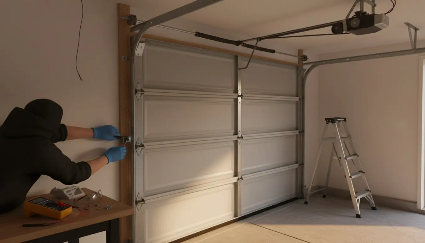 Hænder justerer garageportens sikkerhedssensor, mens en enkelt garageport står delvist lukket.