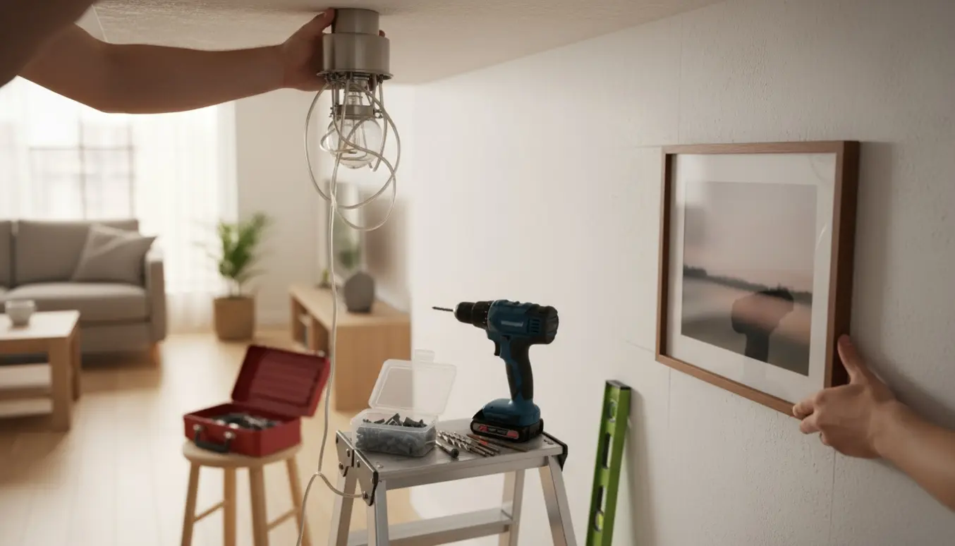 Hænder monterer en loftslampe og hænger et billede op ved en stuevæg med værktøj og rawlplugs i nærheden.