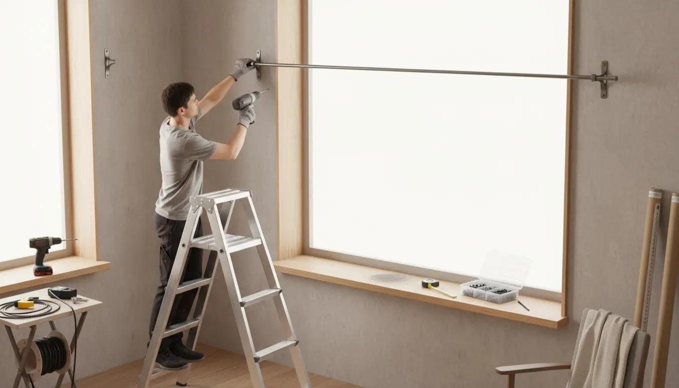 Hånd monterer en gardinstang over et vindue med boremaskine, skruer og rawlplugs klar i naturligt lys.