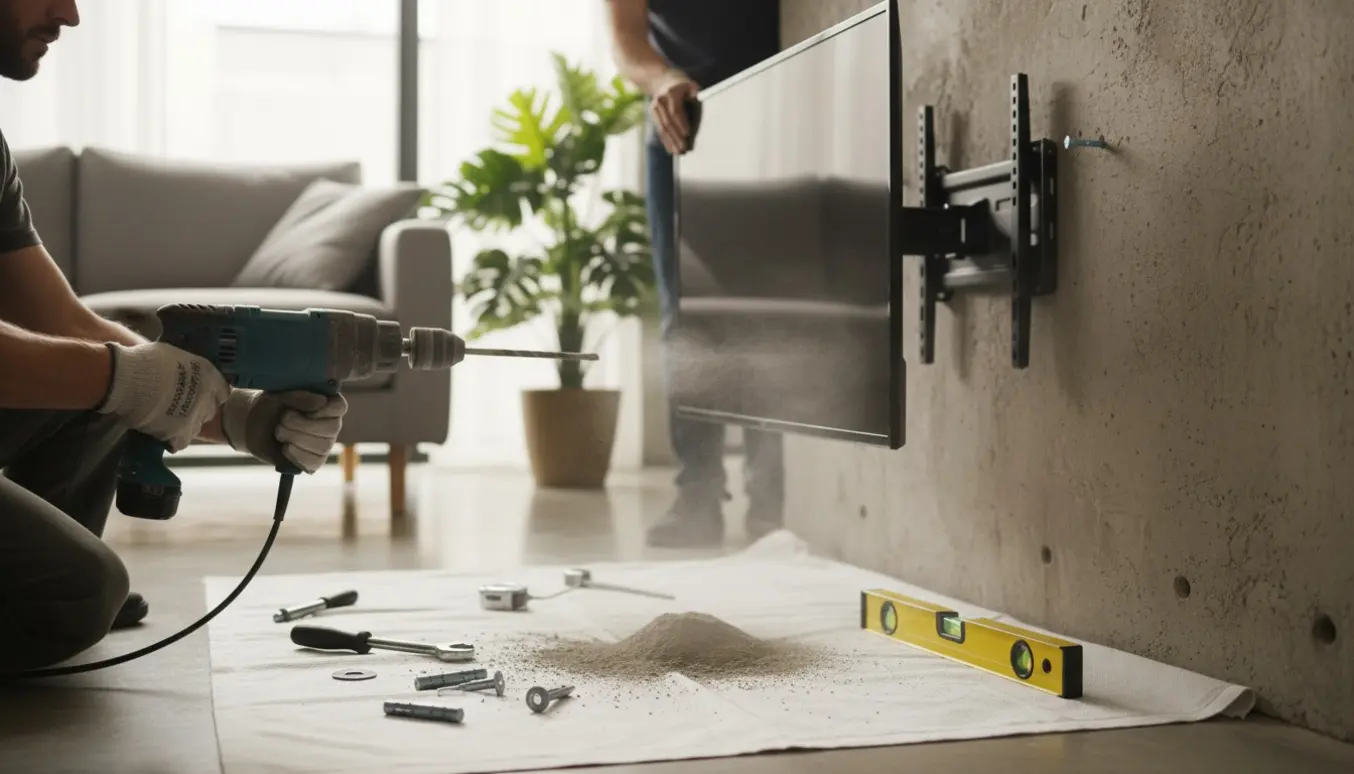 En hands-on opsætning af et fladskærms-tv på en rå betonvæg med elbor og betonankre.