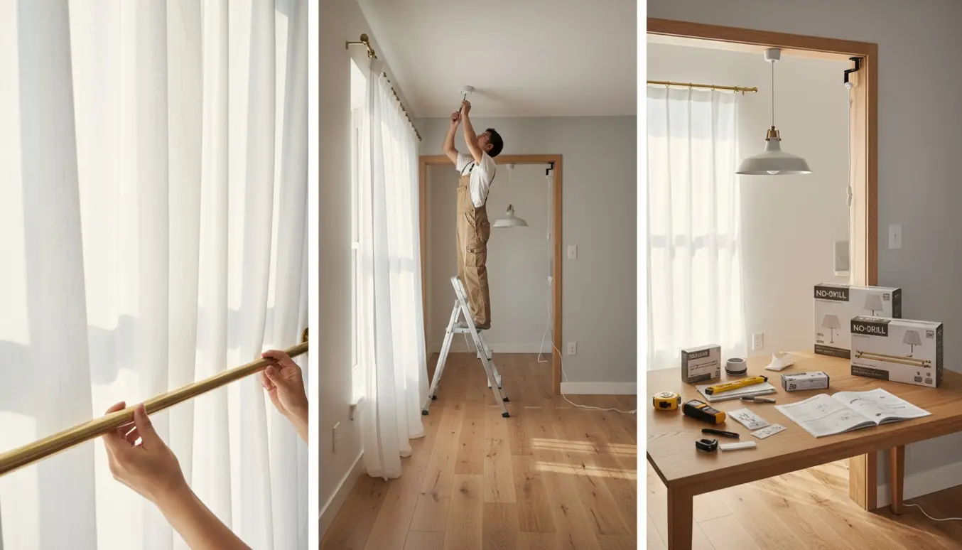 Installering af gardinstænger og lamper i en lys lejebolig uden at bore i væggene.