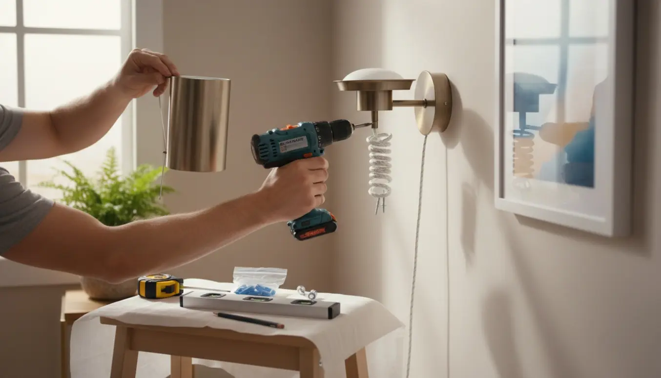 Hænder monterer en væglampe og hænger et indrammet billede op i en solbeskinnet stue.