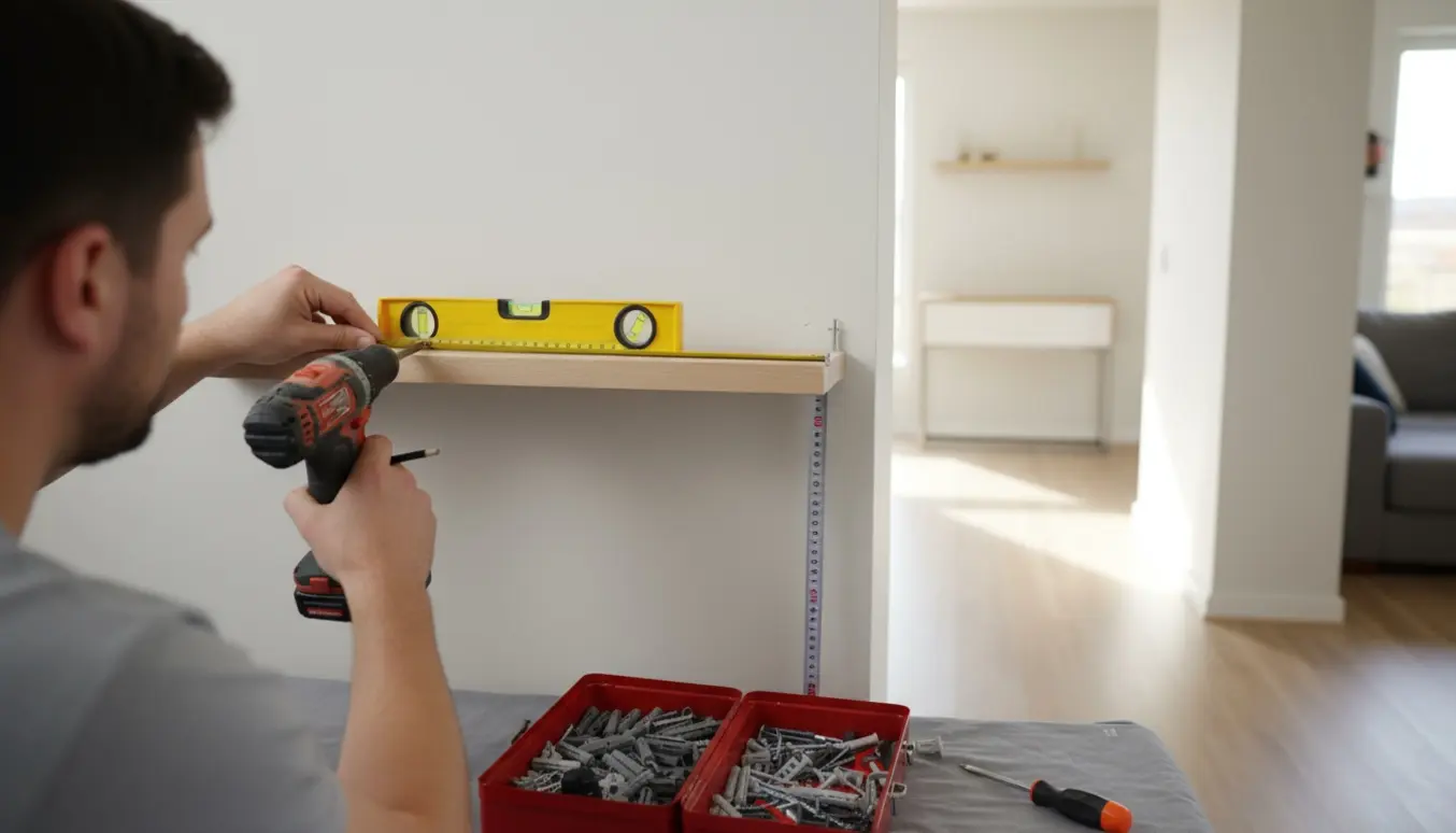 Nærbillede af hænder, der sætter en svævehylde op på gipsvæg med boremaskine og værktøj, mens en monteret hylde ses i gangen.