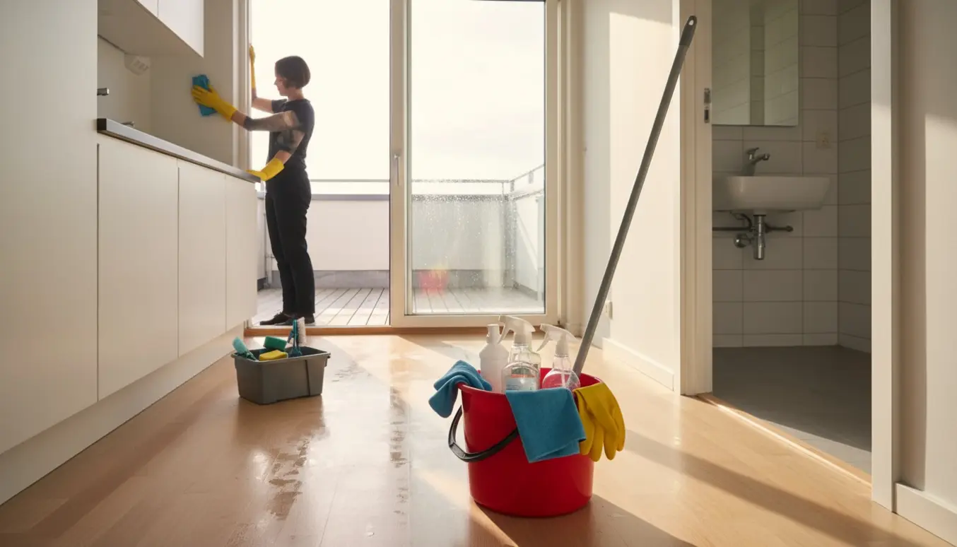 Handskerede hænder pudser vinduet til en lys, nyvasket førstesalslejlighed med rengøringsspand og moppe i forgrunden.