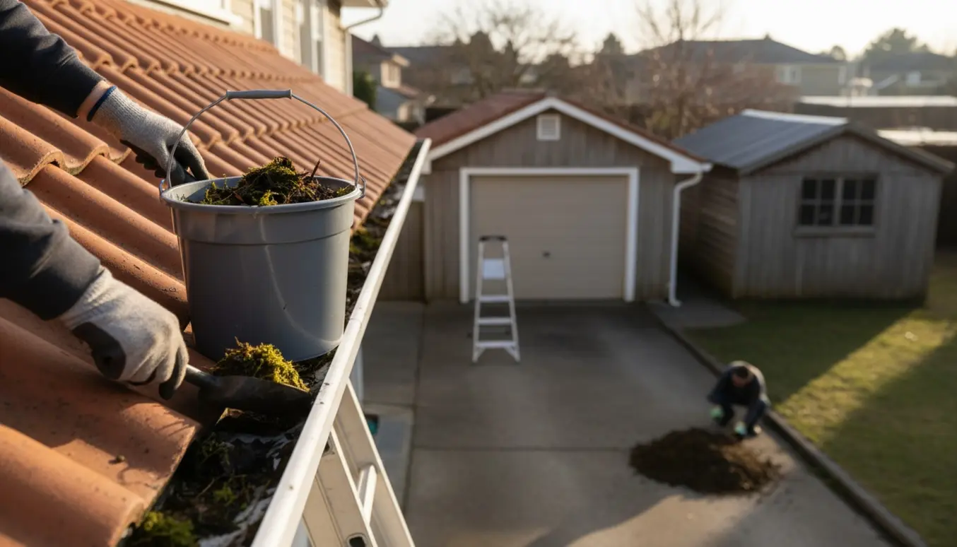 En person på en stige renser tagrende på et hus med garage og skur, mens blade samles i en spand.