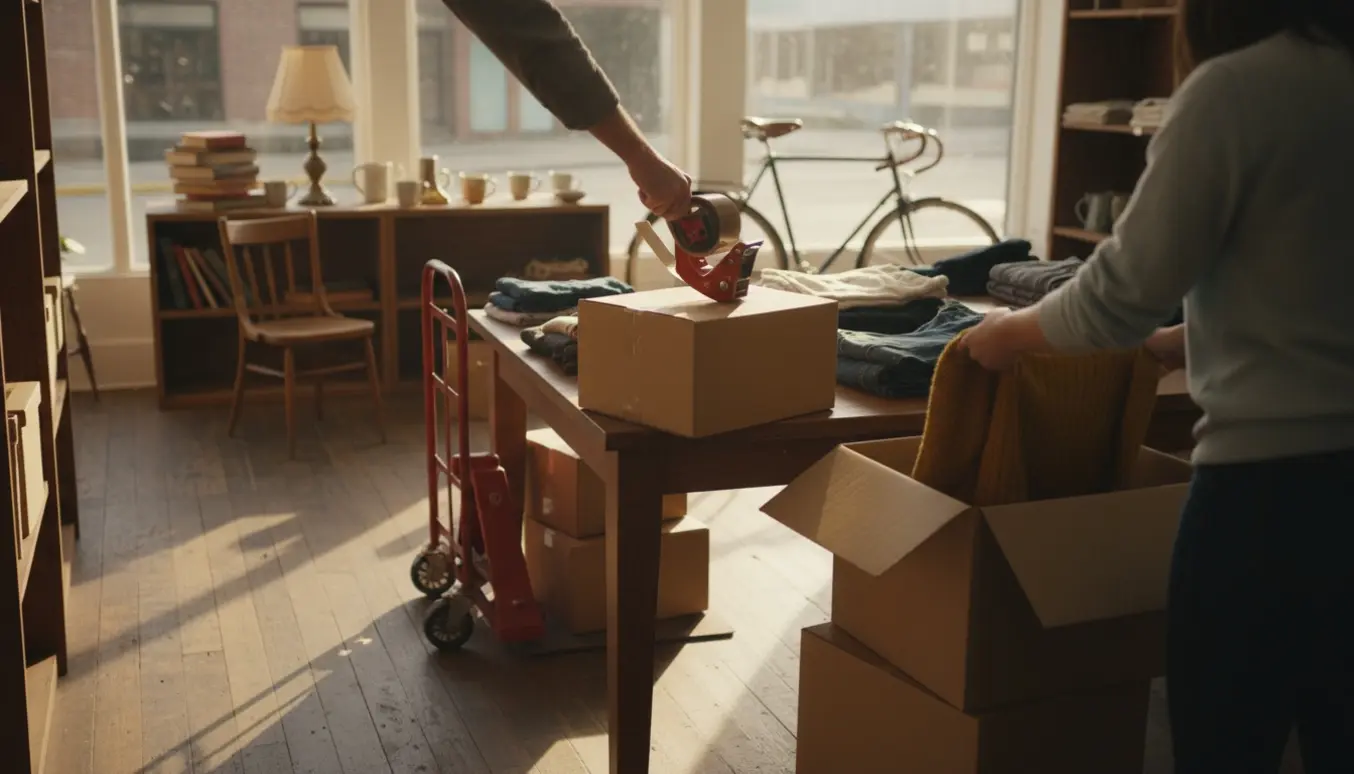 Frivillige pakker brugte varer i papkasser i en lys genbrugsbutik under tømning.