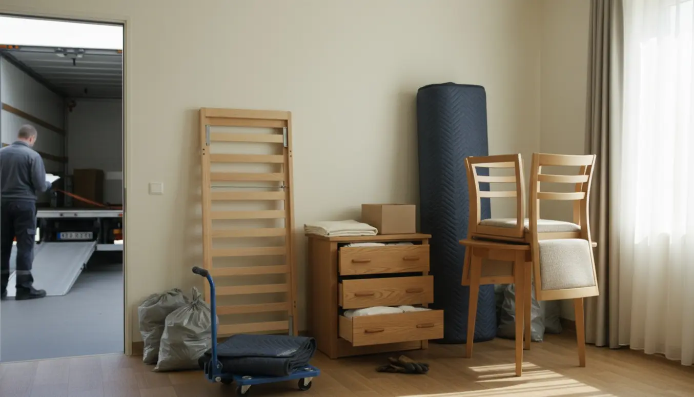 Møbler gjort klar til afhentning fra et værelse: seng, madras, kommode og lille rundt bord med tre stole.