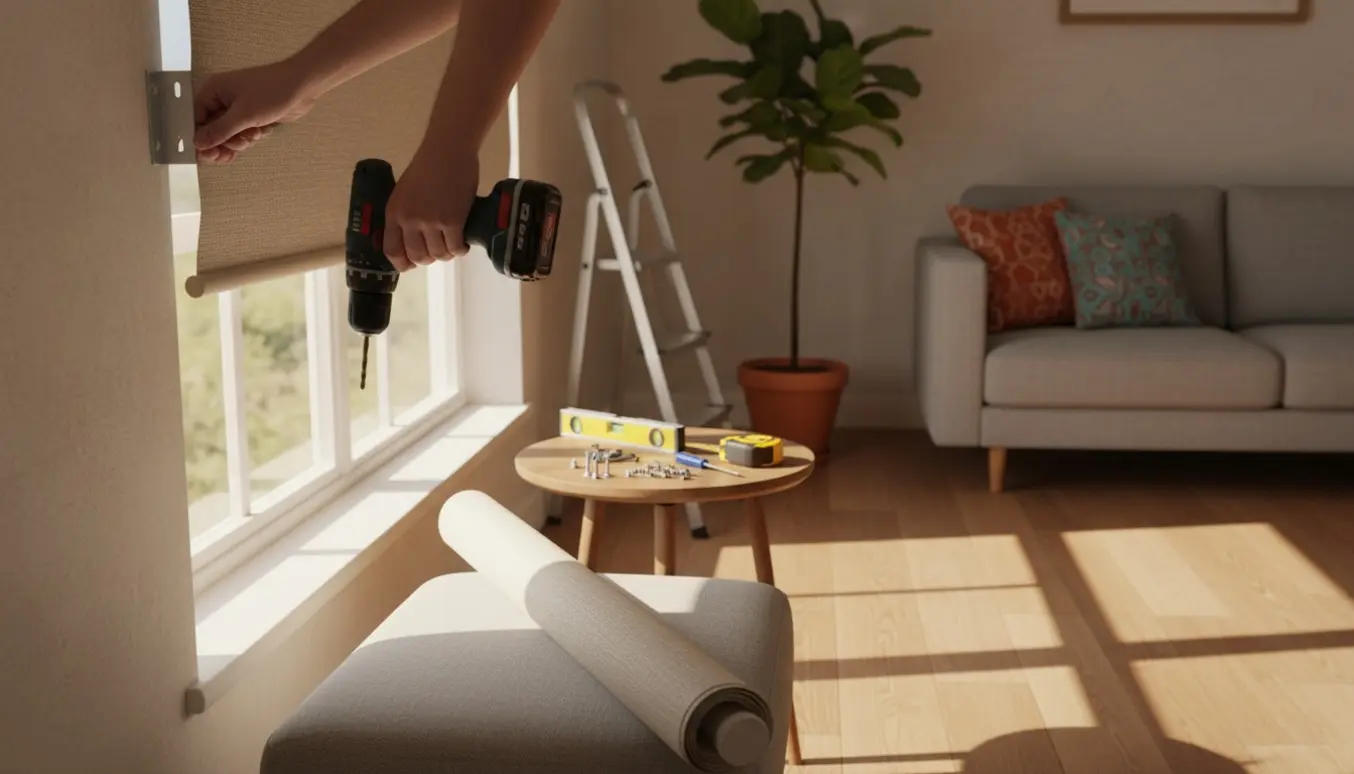 To rullegardiner monteres over et stuevindue med bore, skruer og hænder i fokus.