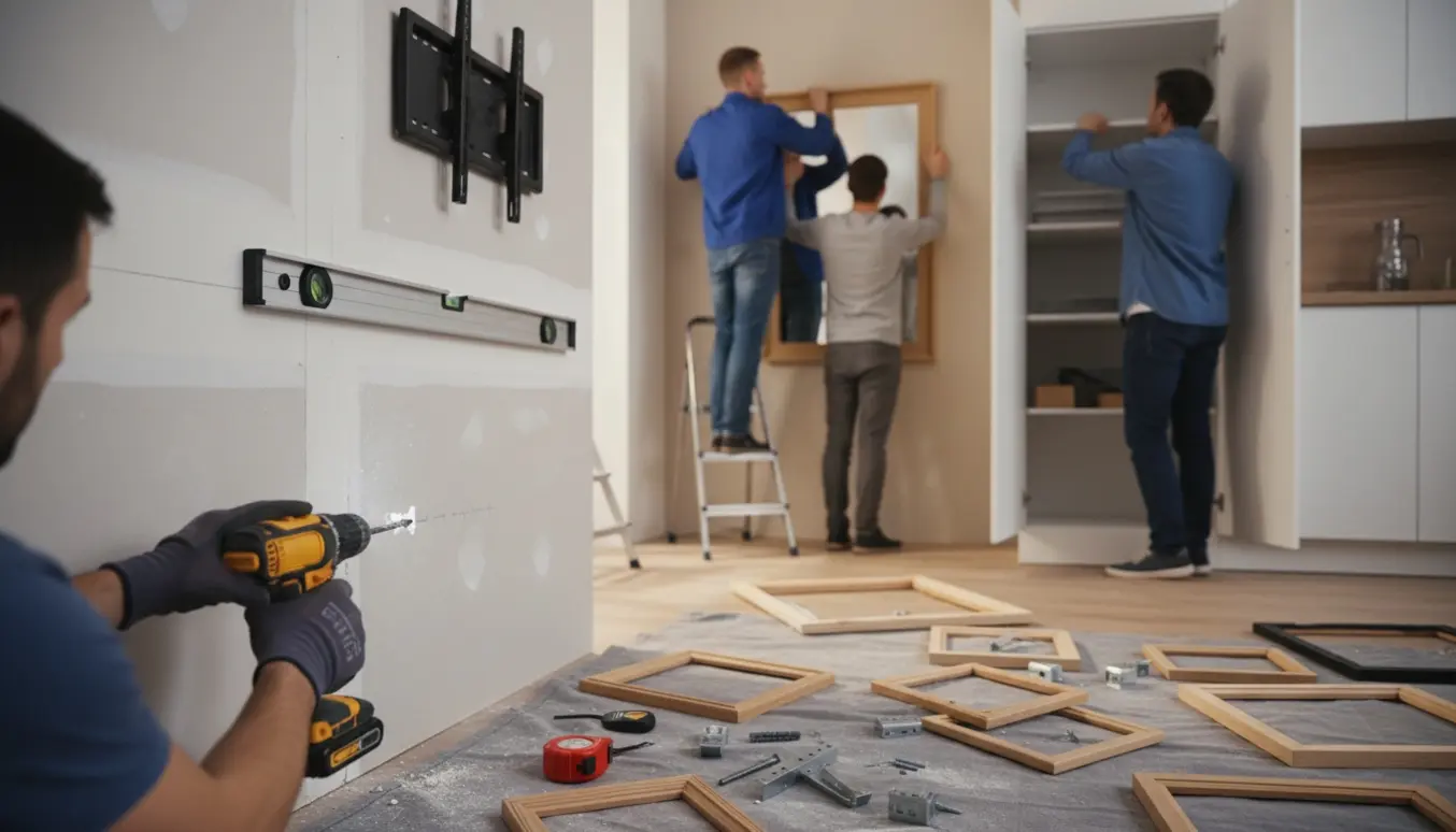 Hænder og værktøj monterer billeder, et tungt spejl og TV på en gipsvæg, mens en hylde isættes i et køkkenskab.