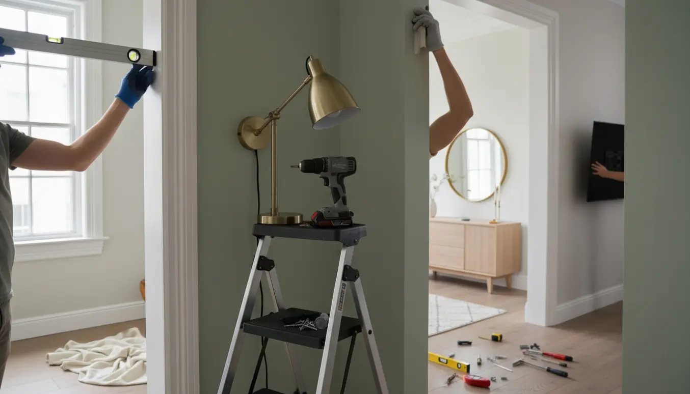 Hænder monterer en væglampe, mens andre hænger gardinstænger op og monterer et fladskærms-tv i et lyst hjem.