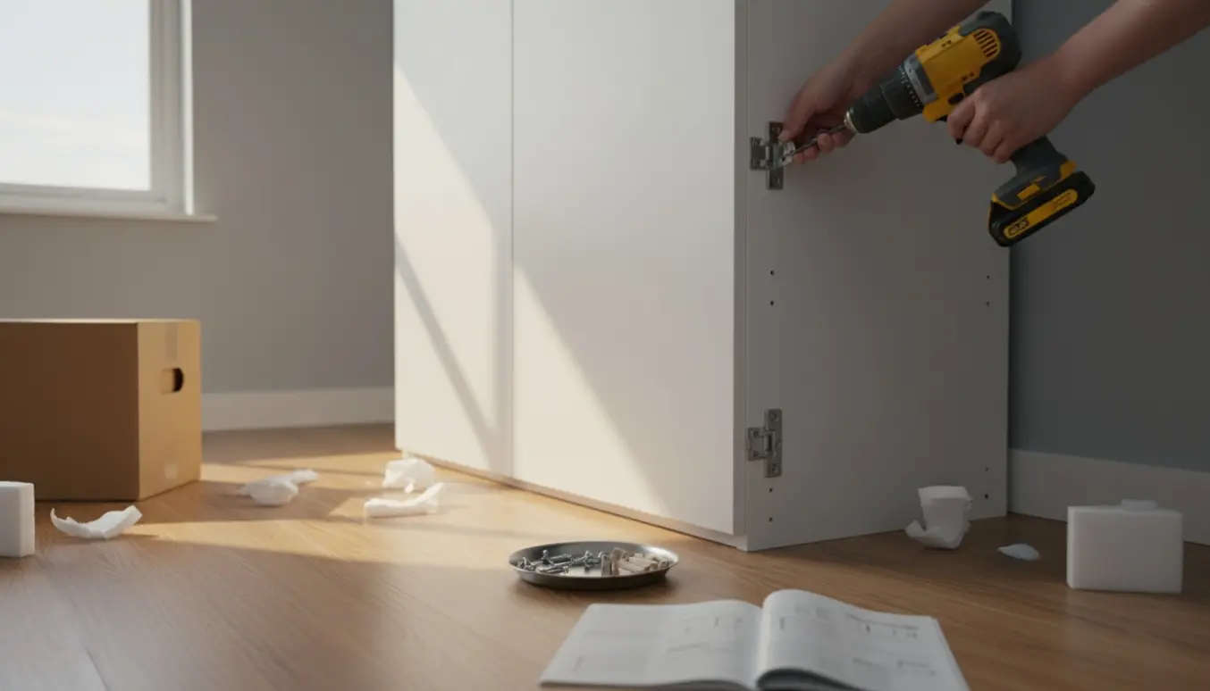 Hænder samler et PAX-inspireret fladpakket garderobeskab med en skruemaskine og skruer.