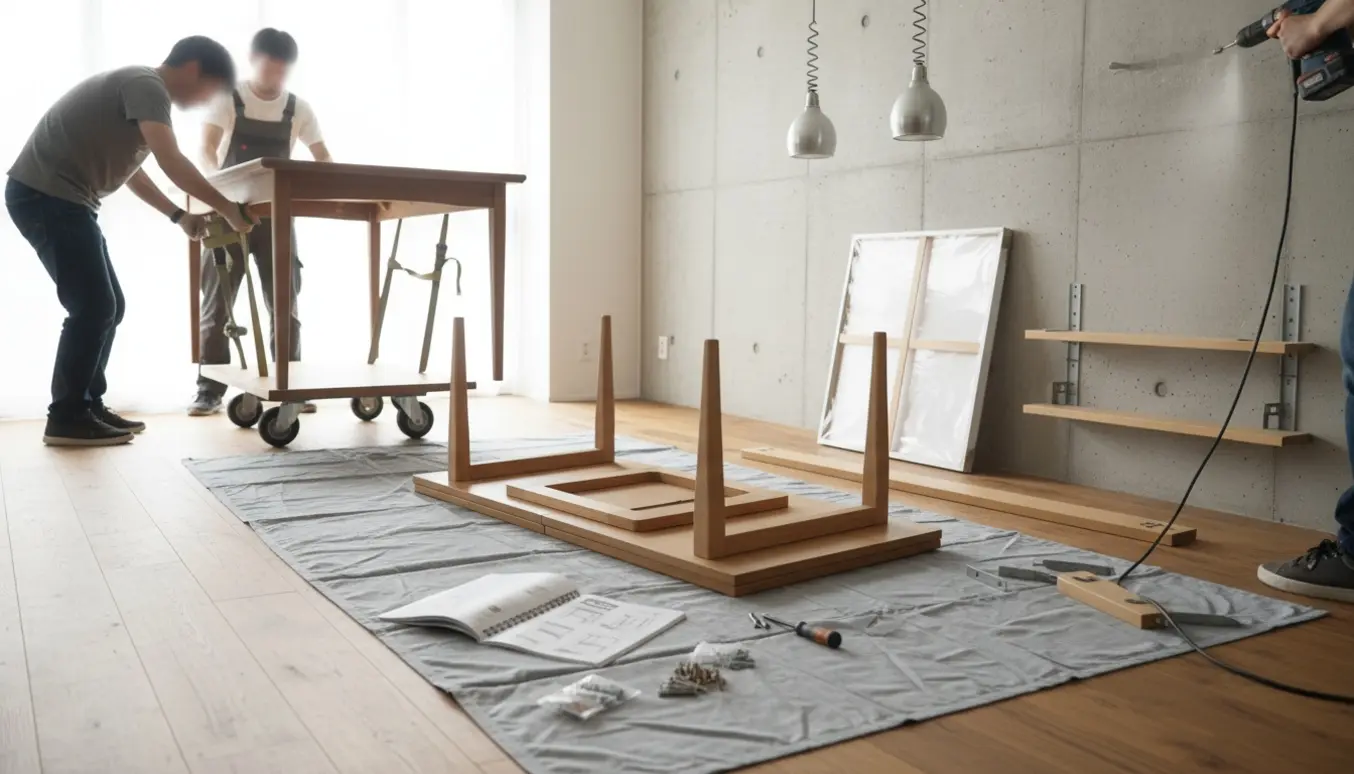 Indendørs billede af et lejlighedsrum hvor hjælpere (ansigter sløret) flytter et teakbord, samler et nyt bord, borer hylder i betonvæg og flytter lamper og billeder.