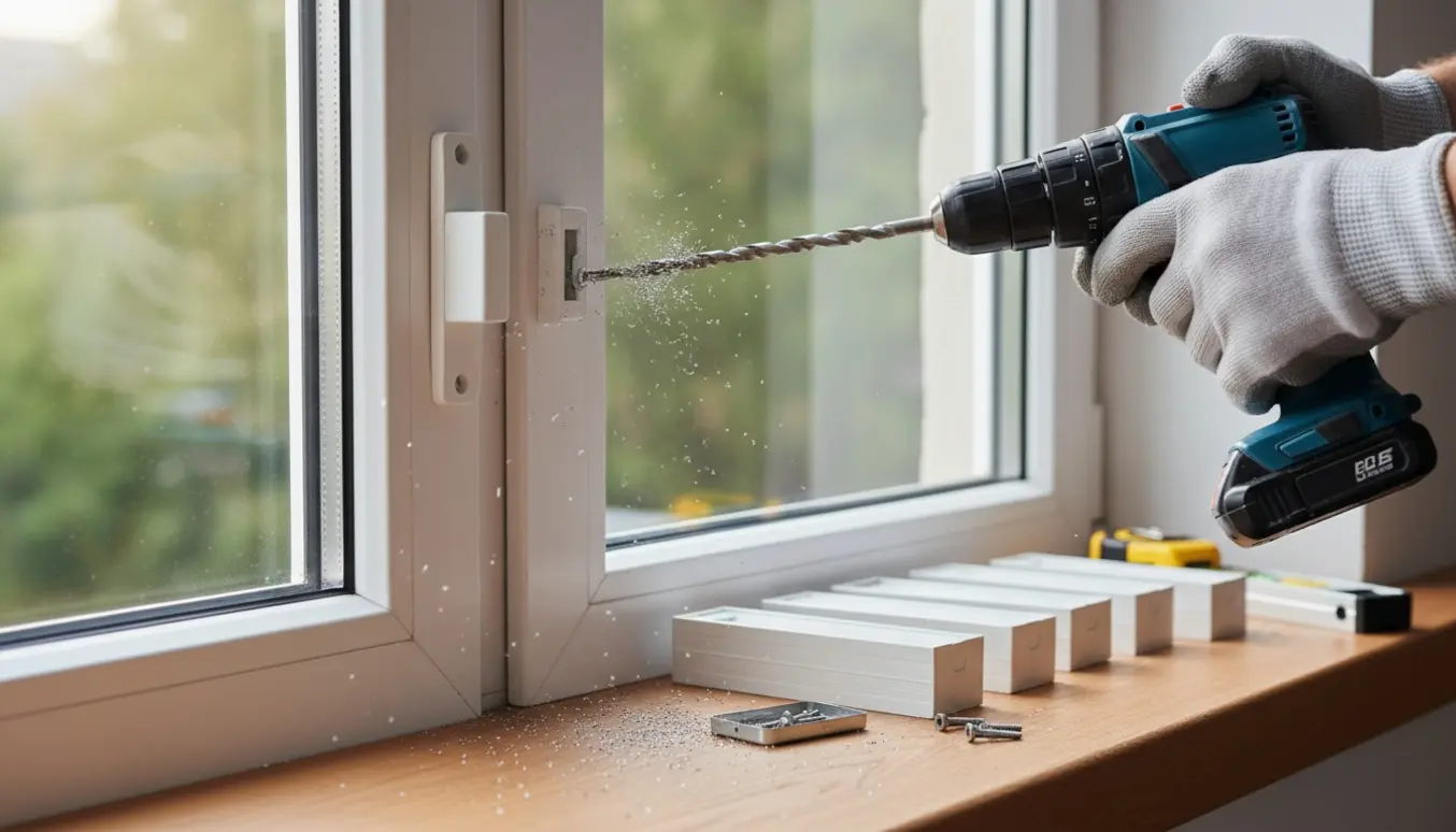 Hænder monterer en persienne på en metal vinduesramme med boremaskine og værktøj klar på vindueskarmen.