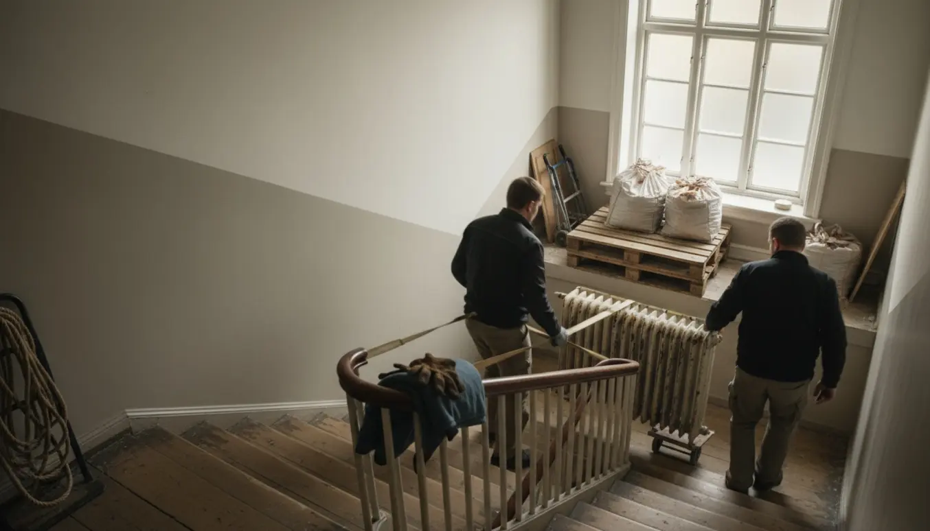 To arbejdere bærer en tung radiator ned ad en smal opgang med træpaller og poser med byggeaffald på reposen.