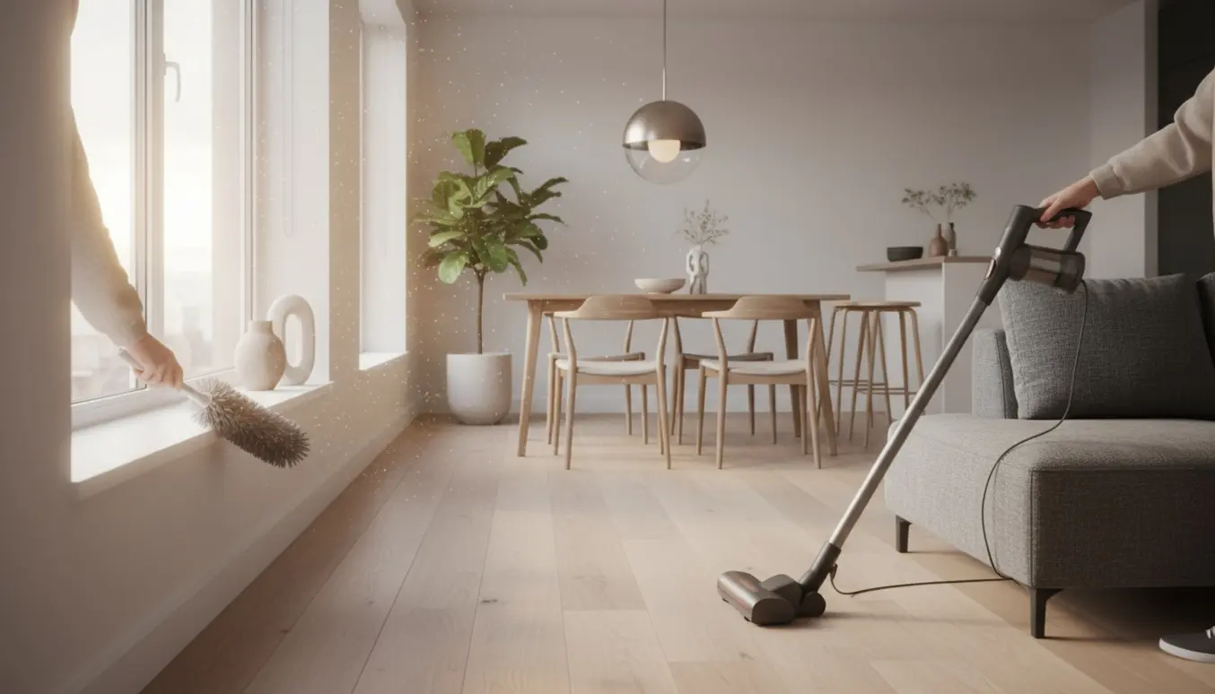 Hænder støver af vindueskarmen, mens en støvsuger kører over gulvet i en lys, moderne lejlighed.