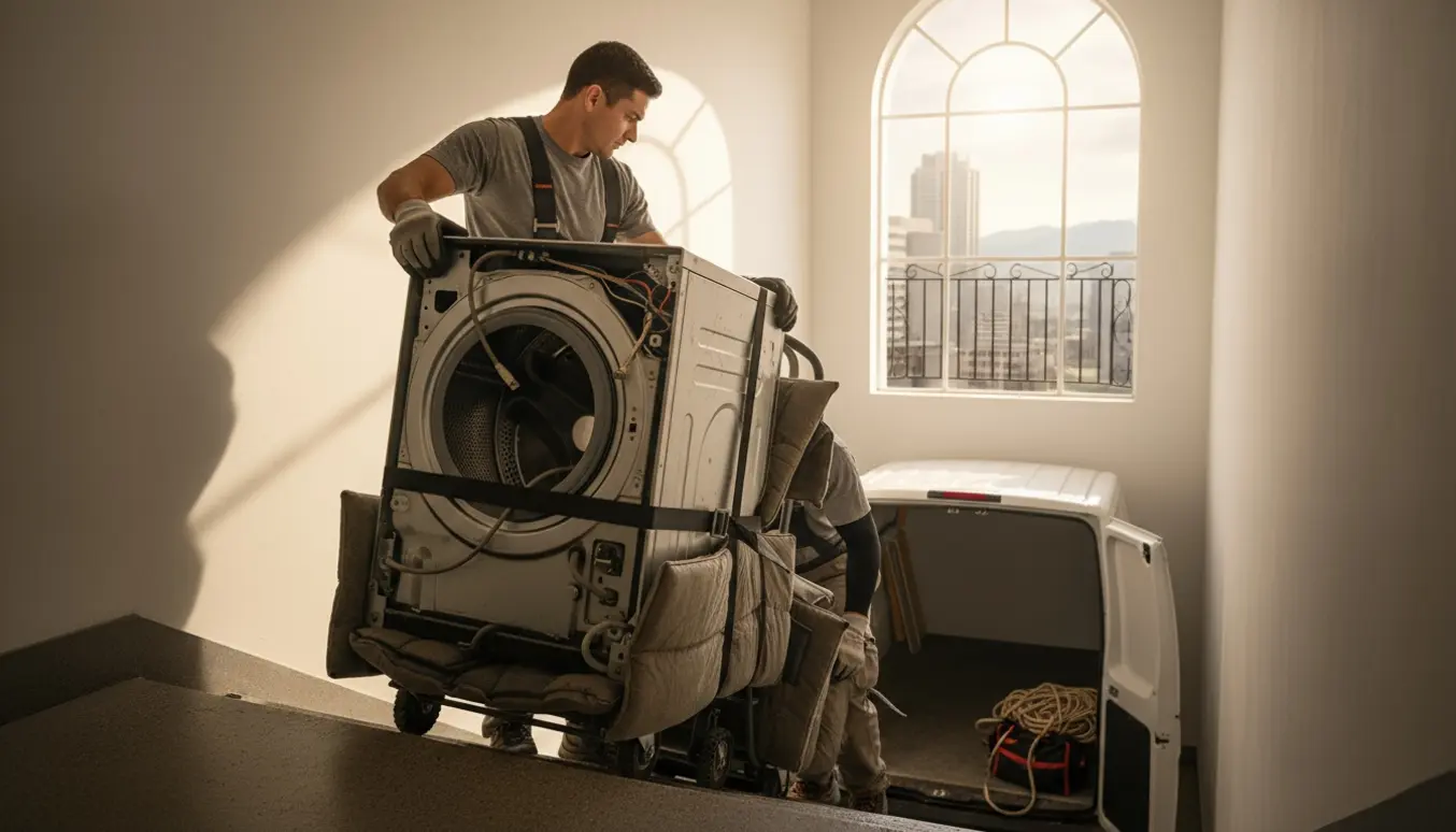 To personer bærer en afmonteret vaskemaskine ned ad en trappe med stropper og en trappevogn, klar til at læsse i en varevogn.