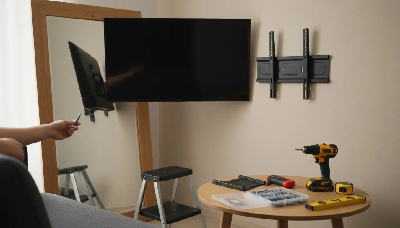 TV og spejl lænet mod væg med monteringsbeslag, boremaskine og målebånd klar til ophængning.