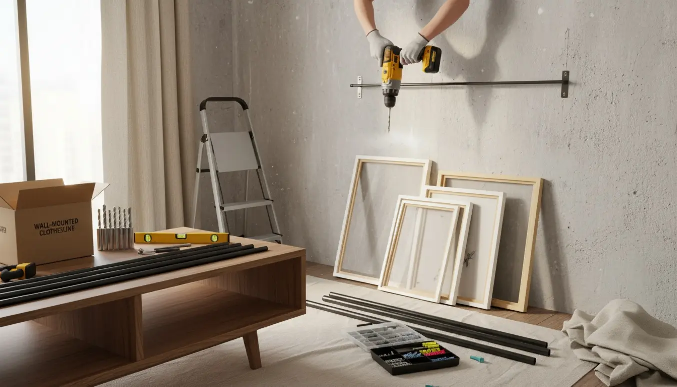 Hænder monterer gardinstang og hænger billeder på en betonvæg under en flytning.