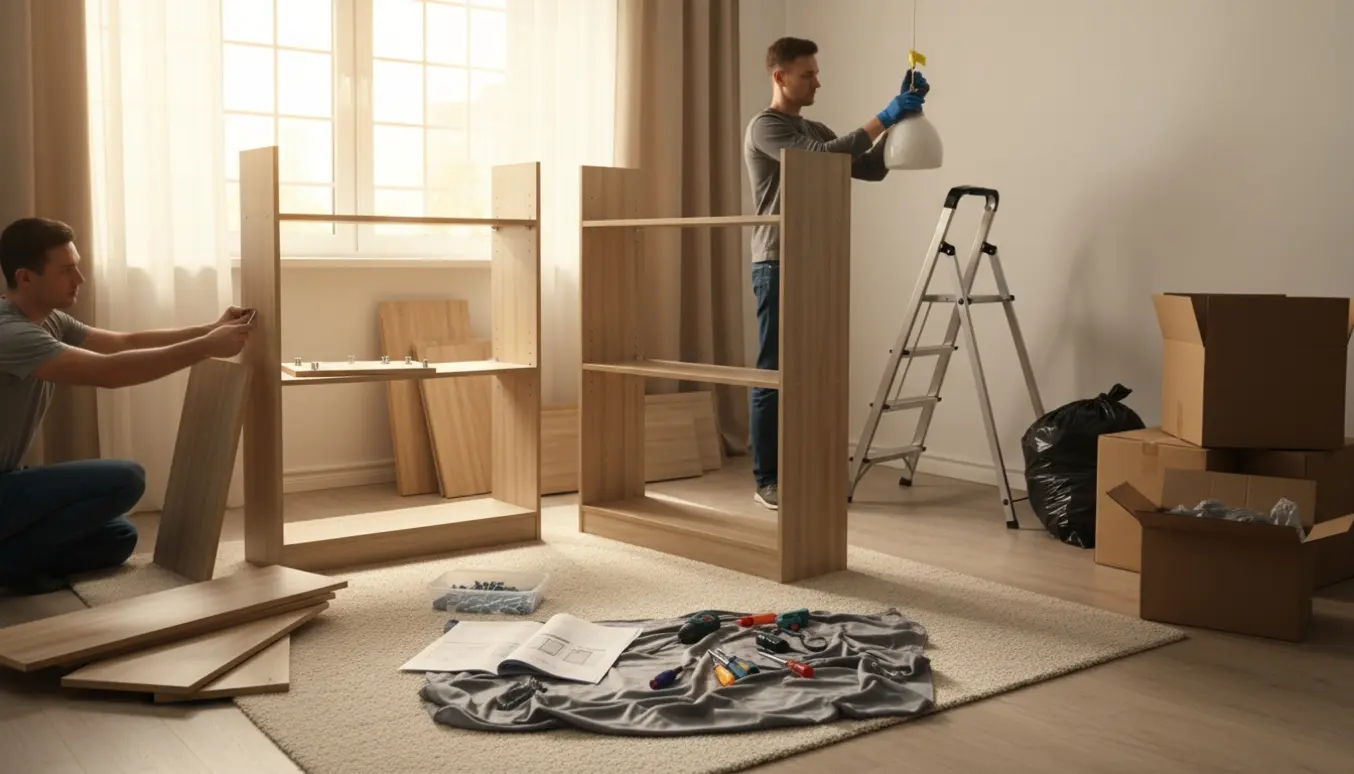 Stue under oprydning med to reoler, værktøj, flyttekasser og ophængning af en lampe.