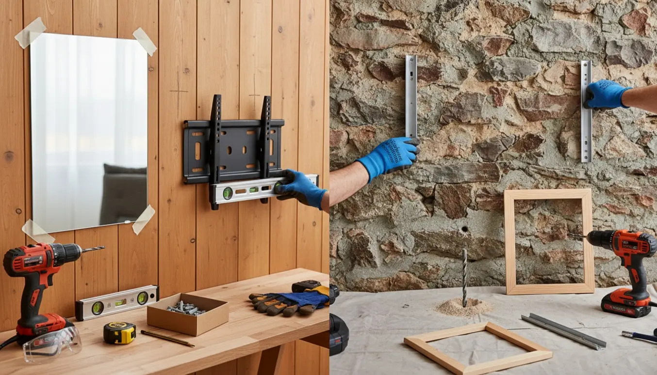 Nærbillede af hænder og værktøj, der omhyggeligt forbereder huller i træ- og stenmur til ophængning.