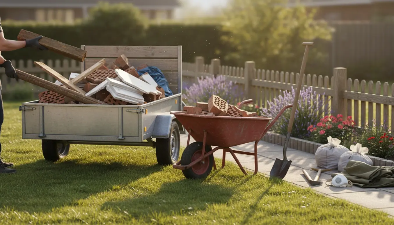 Blandet byggeaffald læsses i en trailer i en solbelyst have, mens arbejdshænder i handsker ordner materialerne.